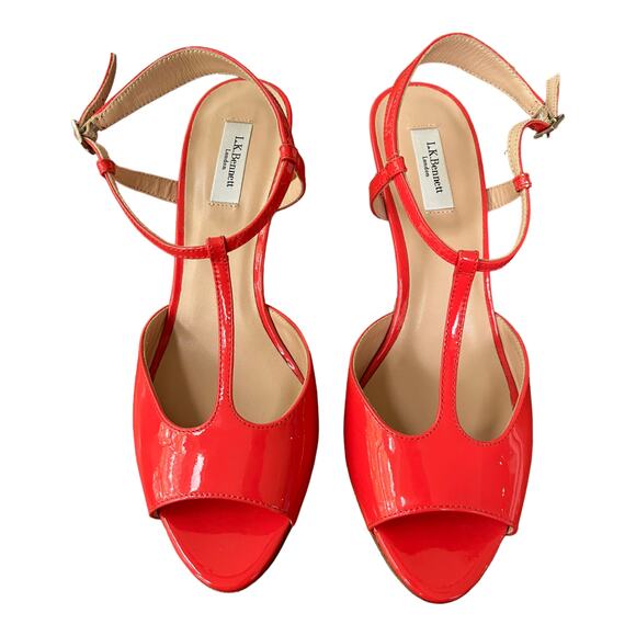 NEW LK Bennett London Quinn Heels Sandal T-Strap Peep Toe Red-Orange Size 37 - Picture 4 of 7